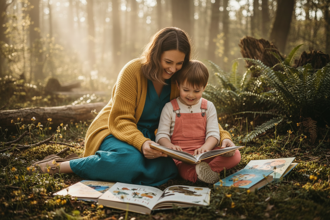 close up of a mother reading to her child with clothes and books the colors of kristaconway.com logo, they are sitting in the understory of a forest, smiling and reading