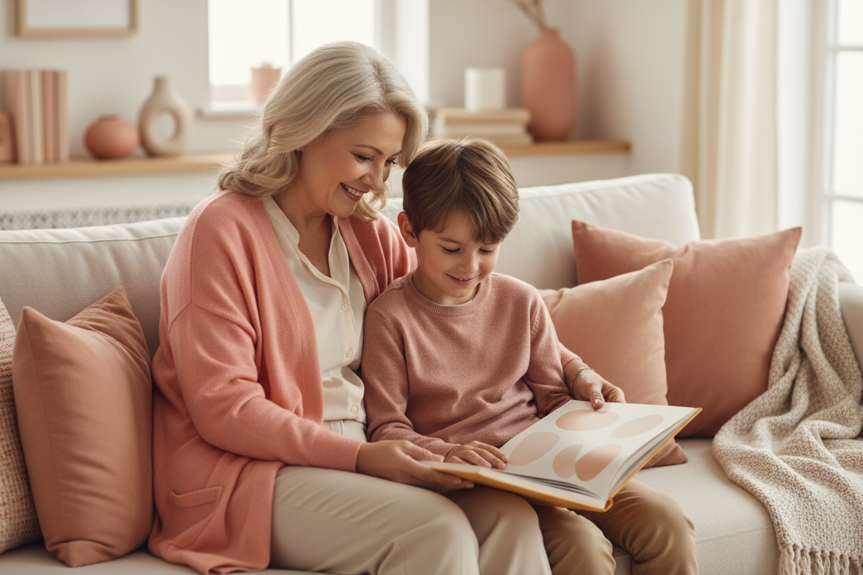 grandmother reading with grandson, no letters or words visible, styled with the colors used in the kristaconway.com logo